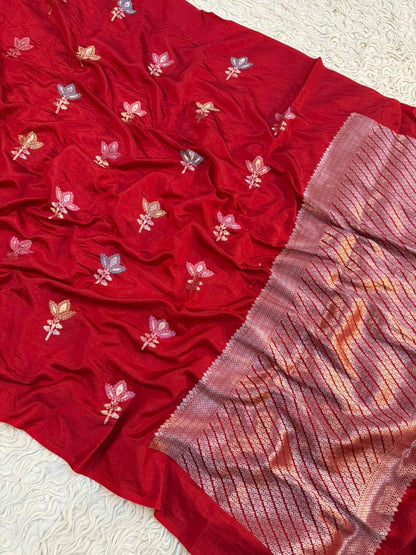 Semi pattu traditional gold zari red minakari  saree