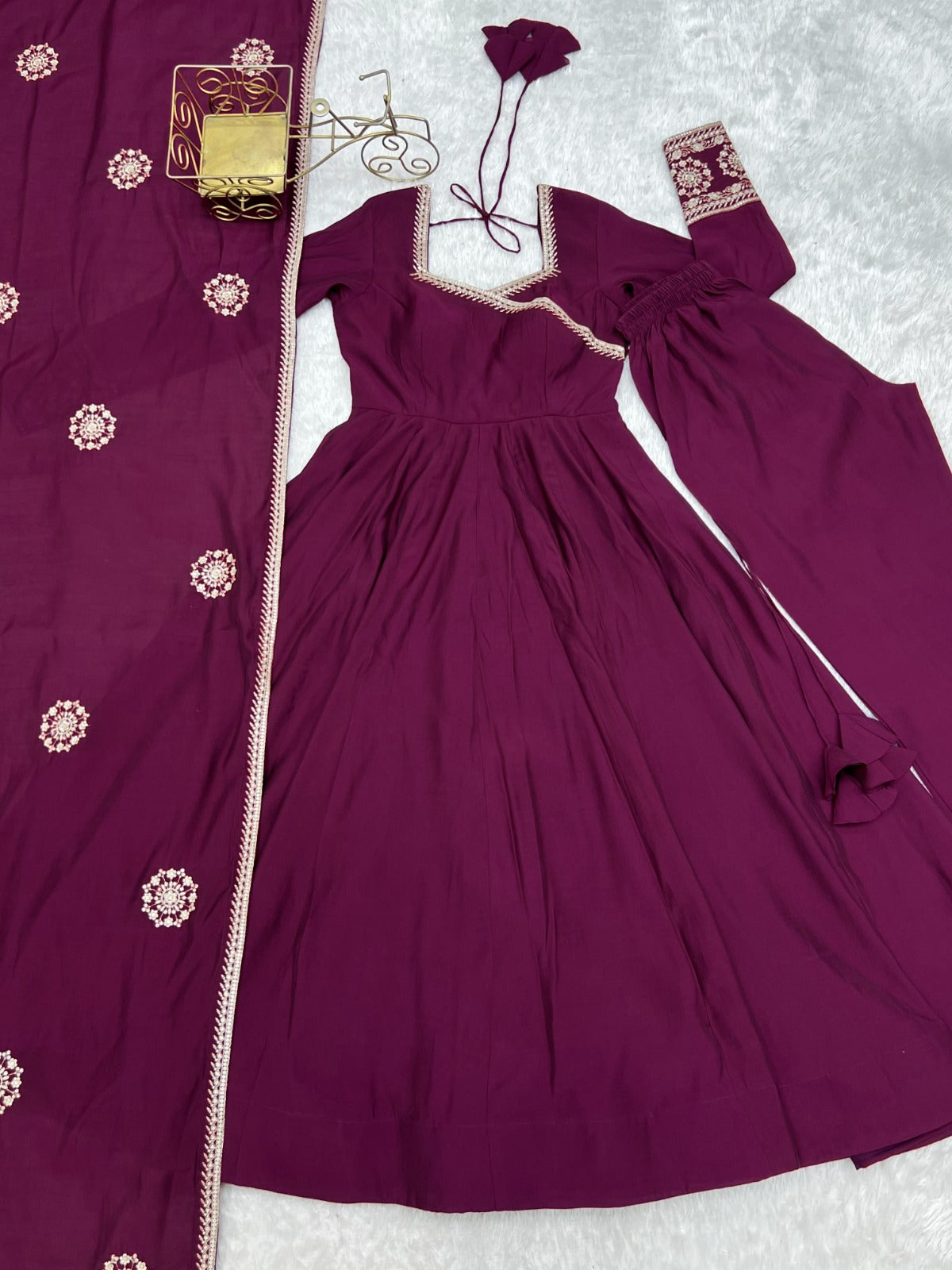 Pure Roman Chanderi Silk Fabric Fully Flare Angrakha Style Anarkali