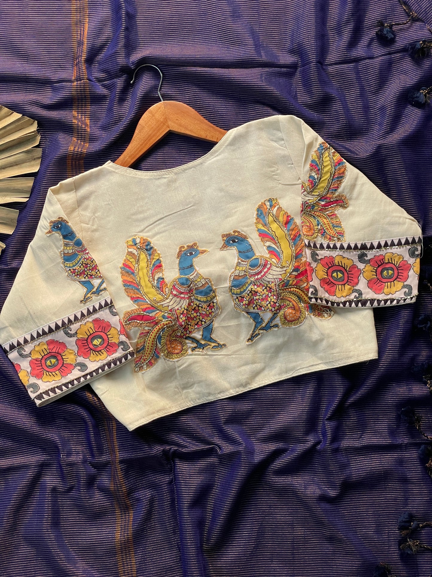 Khadi cotton saree with applic  work  stitches blouse