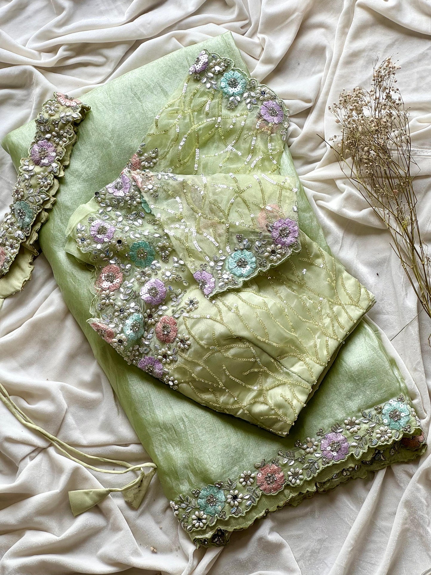 Luxe pista green 1 min saree with stitched blouse