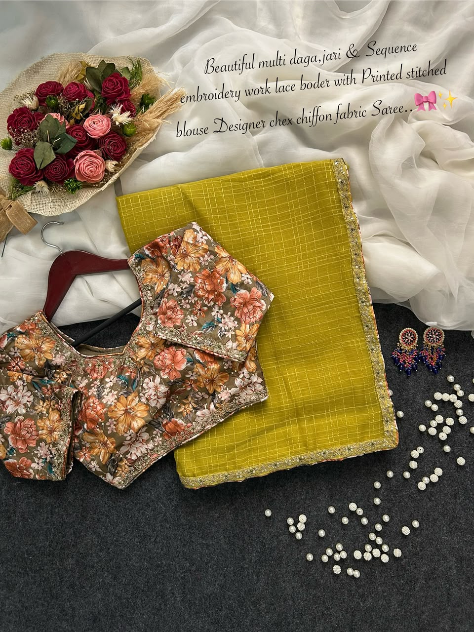 Multi data jari sequence embroidery saree with stitched blouse