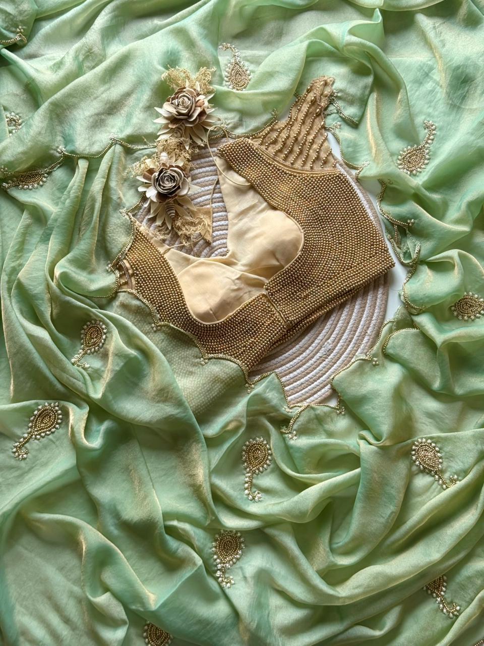 Space Georgette saeee with gold pearl work blouse