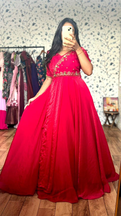 Pink Maggam fusion long Gowns
