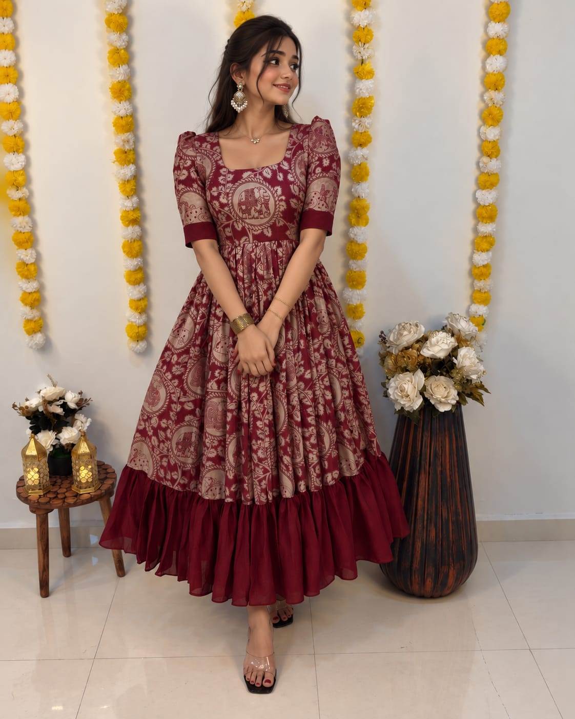 Traditional Kalamkari Gowns with a Stylish Contrast Color Fusion