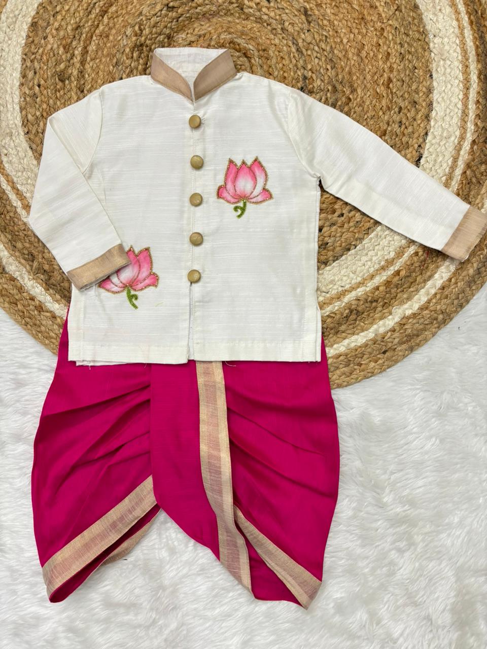 Lotus Motif Kurta Dhoti Set for Boys