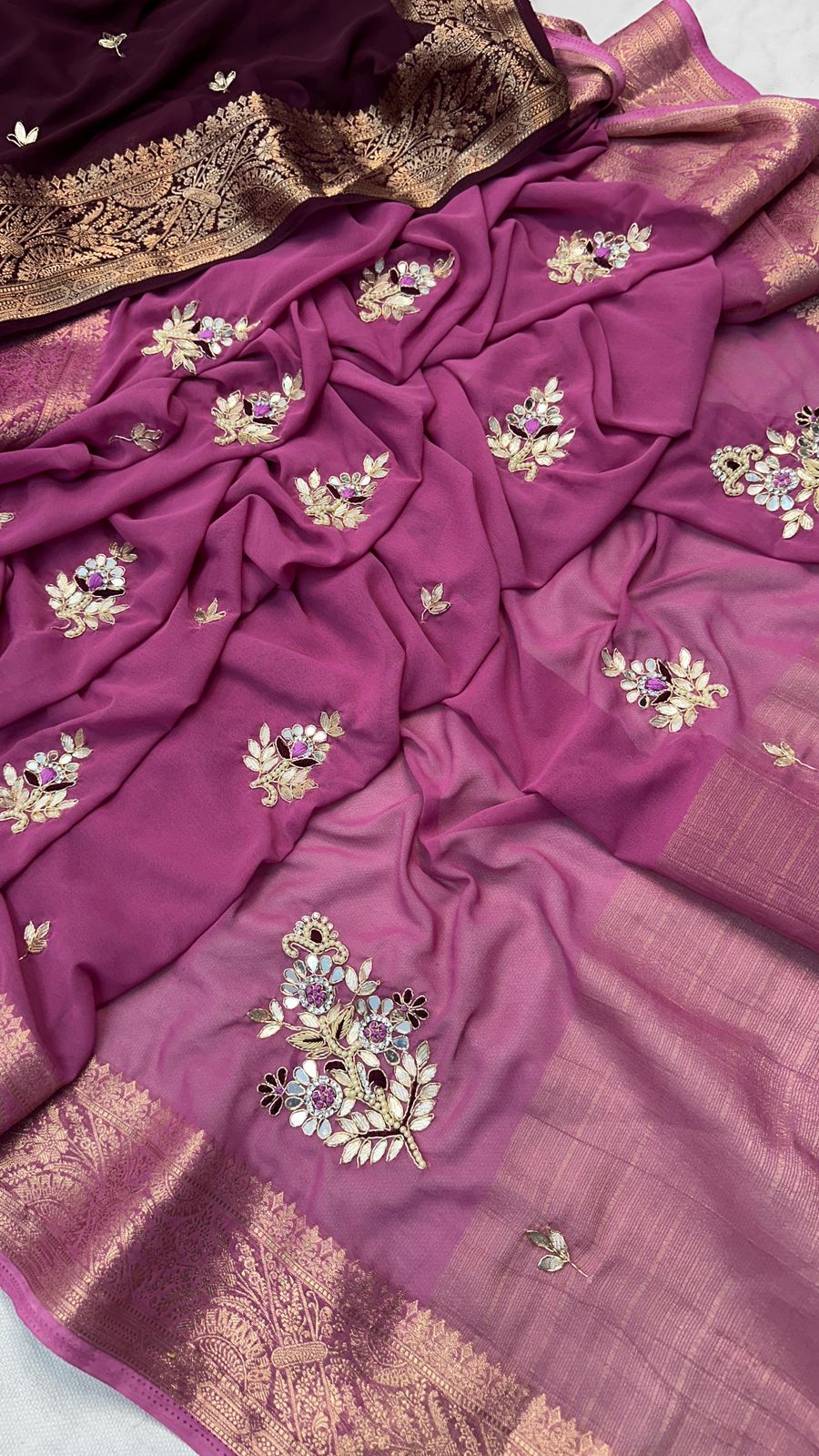 Hand work saree with contrast blouse