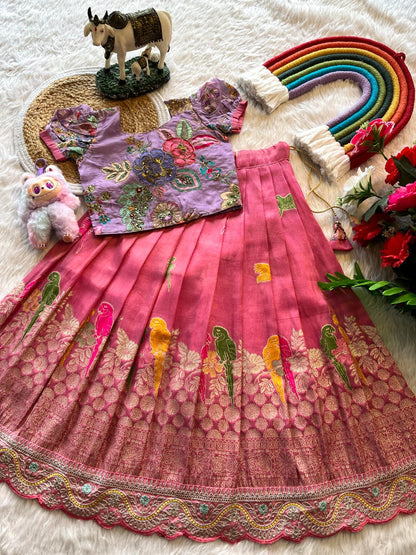 Kids lehenga made from viscose tissue silk is