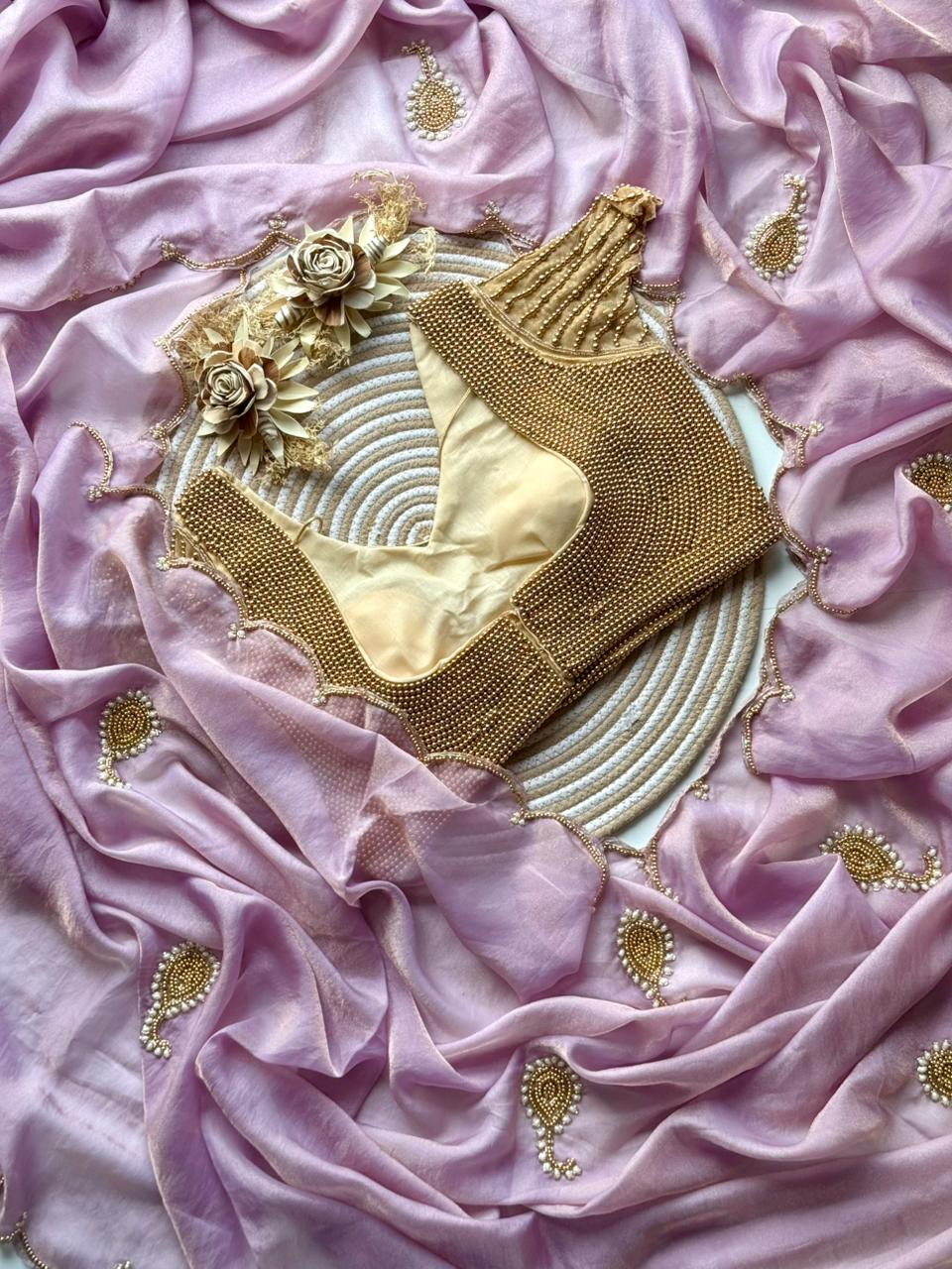 Space Georgette saeee with gold pearl work blouse
