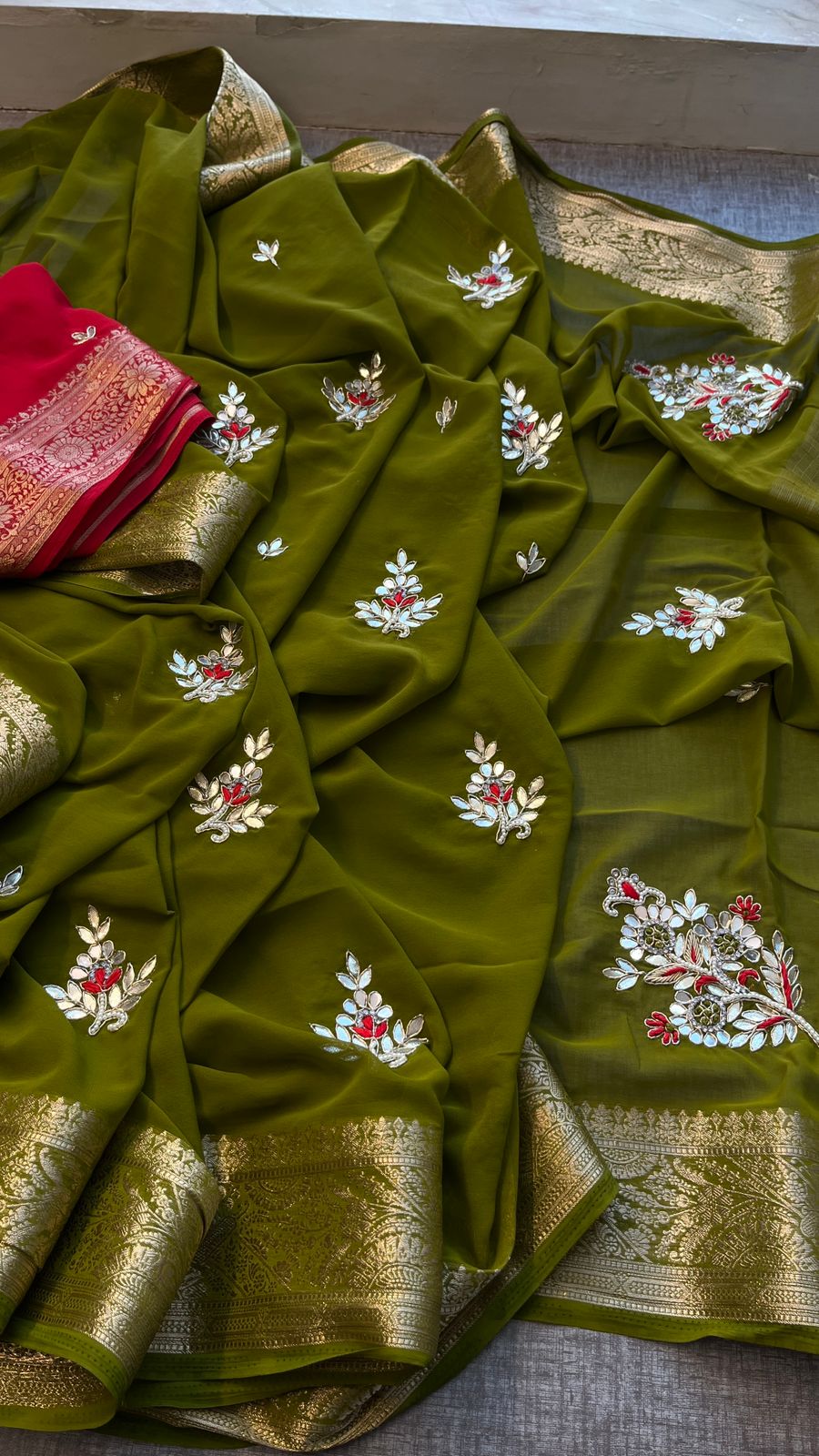 Hand work saree with contrast blouse