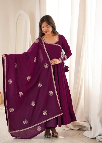 Pure Roman Chanderi Silk Fabric Fully Flare Angrakha Style Anarkali