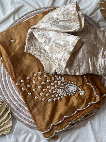 Gold peacock saree with stitched blouse