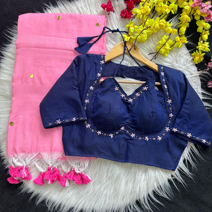 Khadi Cotton Saree with Desginer stitched blouse