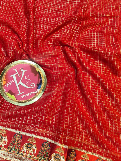 Budget viscose check with satin border golden zari white elephant saree