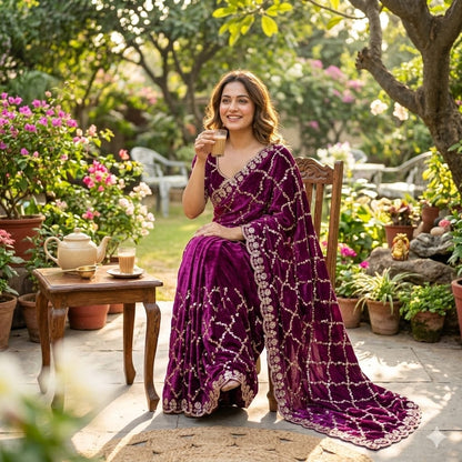Luxe grand party beeds work velvet shine saree