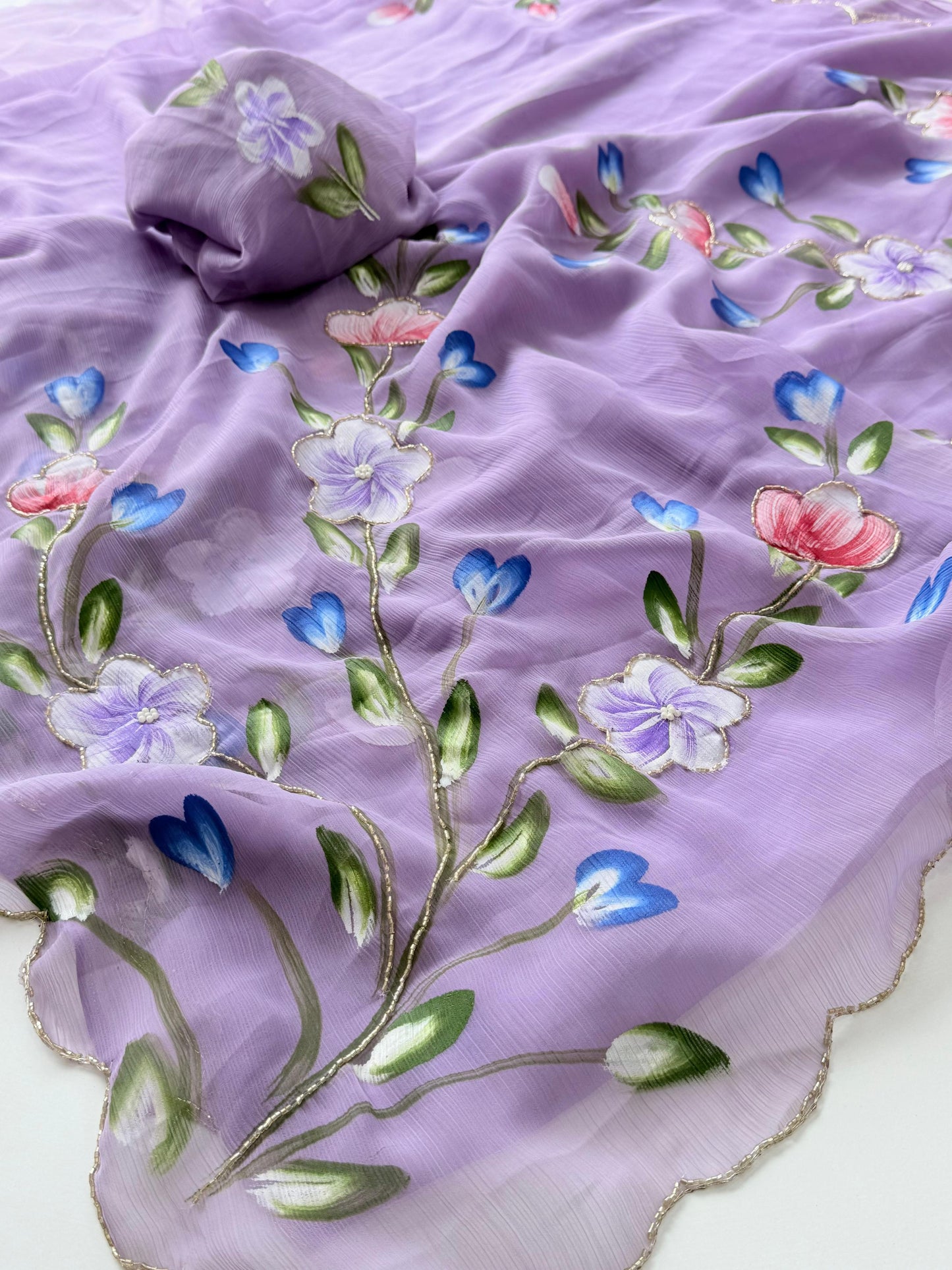 Budget chiffon Handpaint with heavy hand work saree