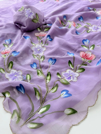 Budget chiffon Handpaint with heavy hand work saree