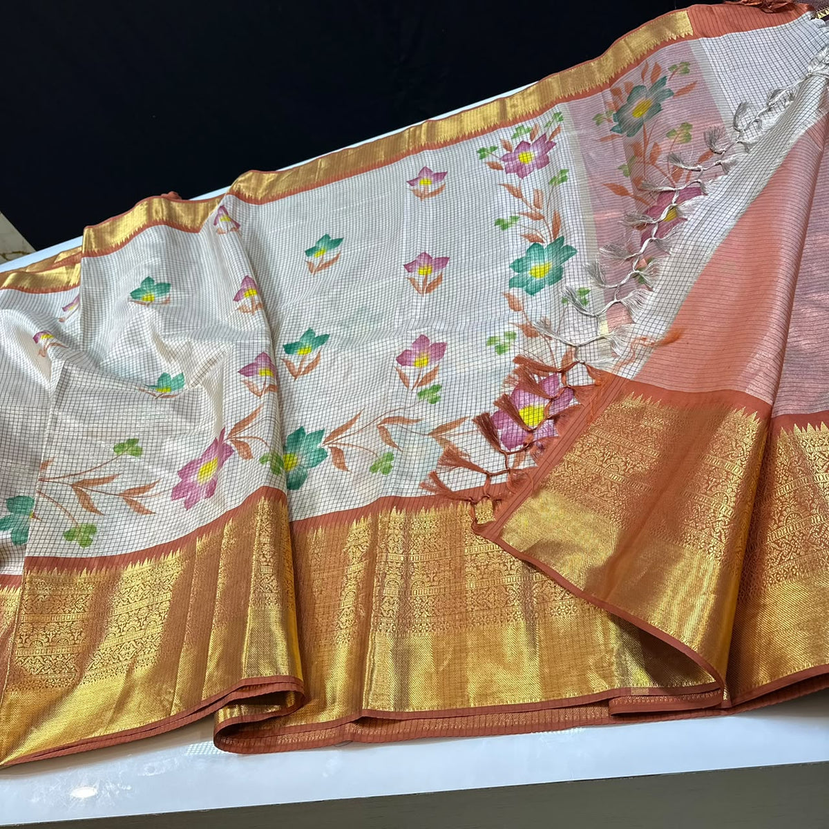 Soft Banarasi ivory tissue silk saree with Resham weaving
