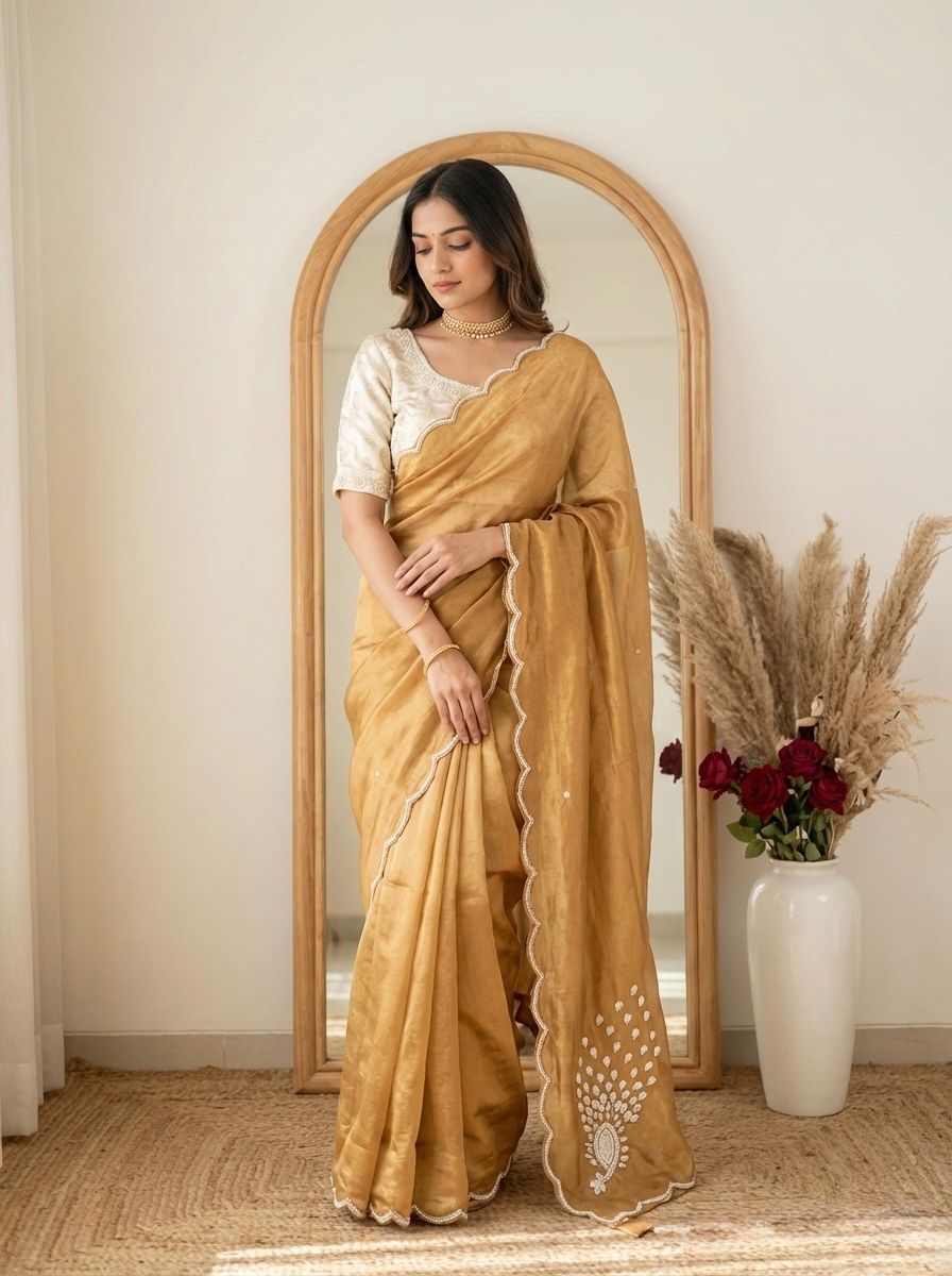 Gold peacock saree with stitched blouse