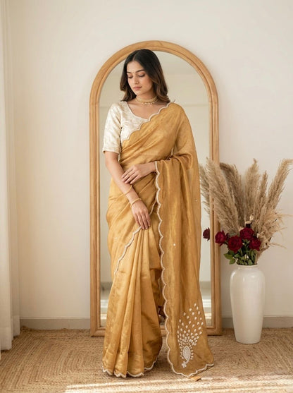 Gold peacock saree with stitched blouse