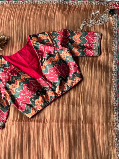 Crunchy silk rustic elephant saree with stitched blouse