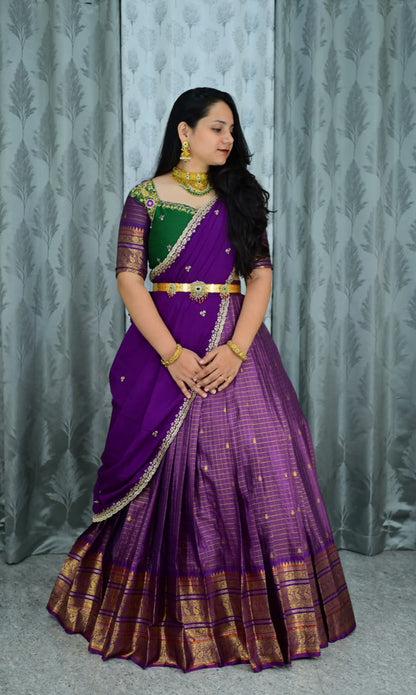 Semi kanchi check maggam work festival lehenga