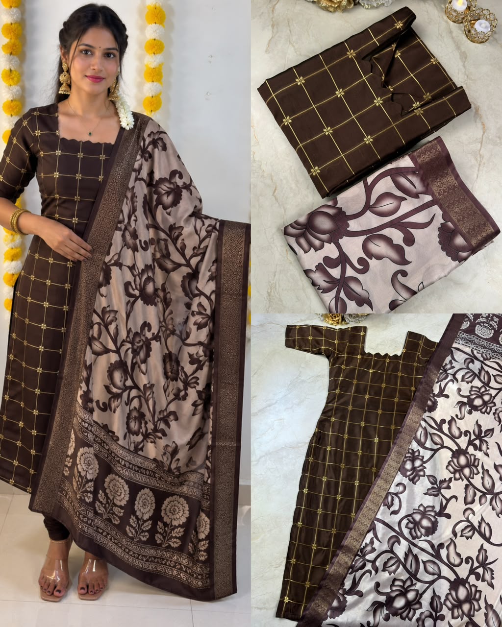 Traditional Check Weaving Kurti + Kalamkari Dupatta