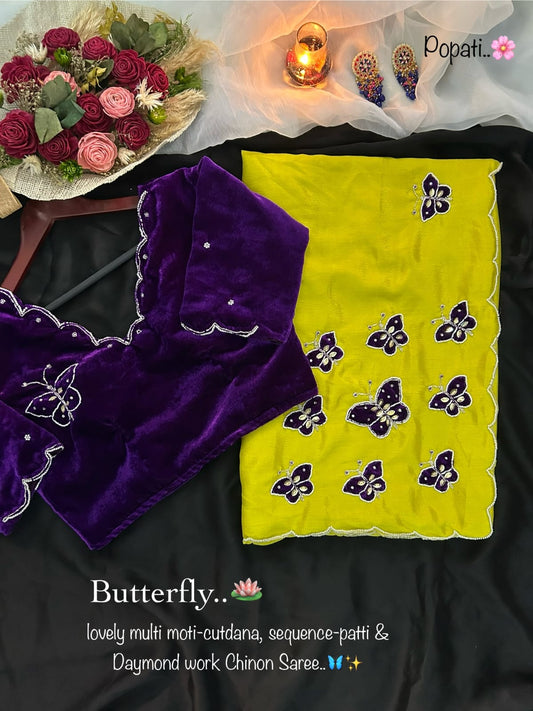 Butterfly Multi Moti Cutdana Butties trendy saree with stitched blouse