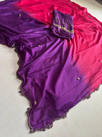 Trendy dyeing Chinon two shades with 3 layers curdana sarees
