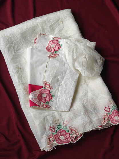 Crush Silk Embroidery Cutwork saree with stitched blouse