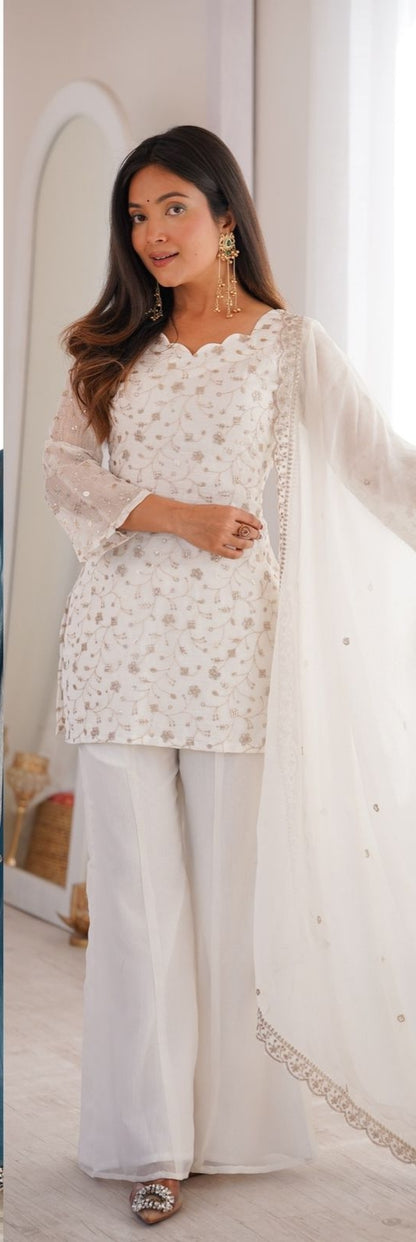 Crunchy Silk Fabric With Embroidery Sequence kurti sets model