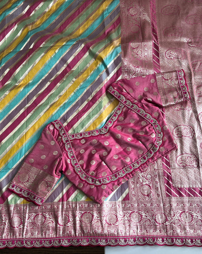 Banarasi pattu saree with lehariya stiched blouse