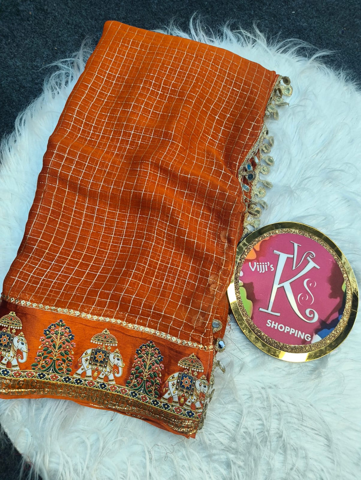 Budget viscose check with satin border golden zari white elephant saree