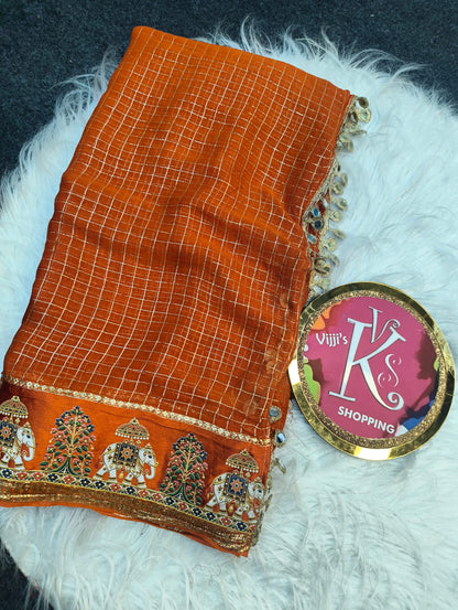 Budget viscose check with satin border golden zari white elephant saree