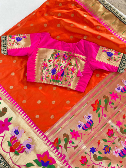Paithani  orange saree with stitched Blouse