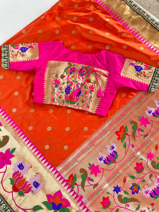 Paithani  orange saree with stitched Blouse