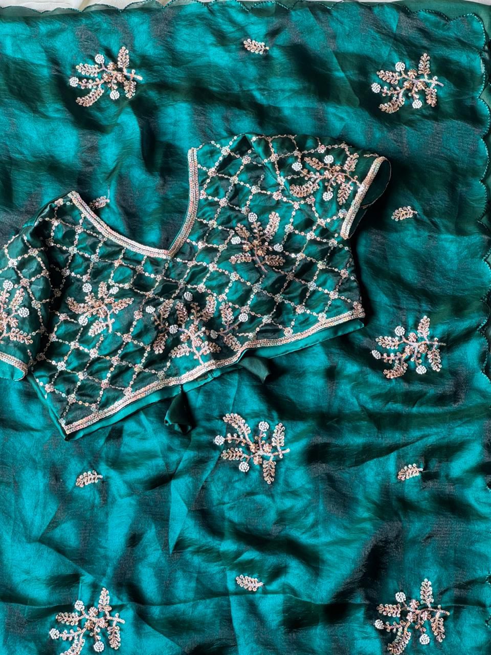 Soft silk with beads flower work saree with stitched blouse