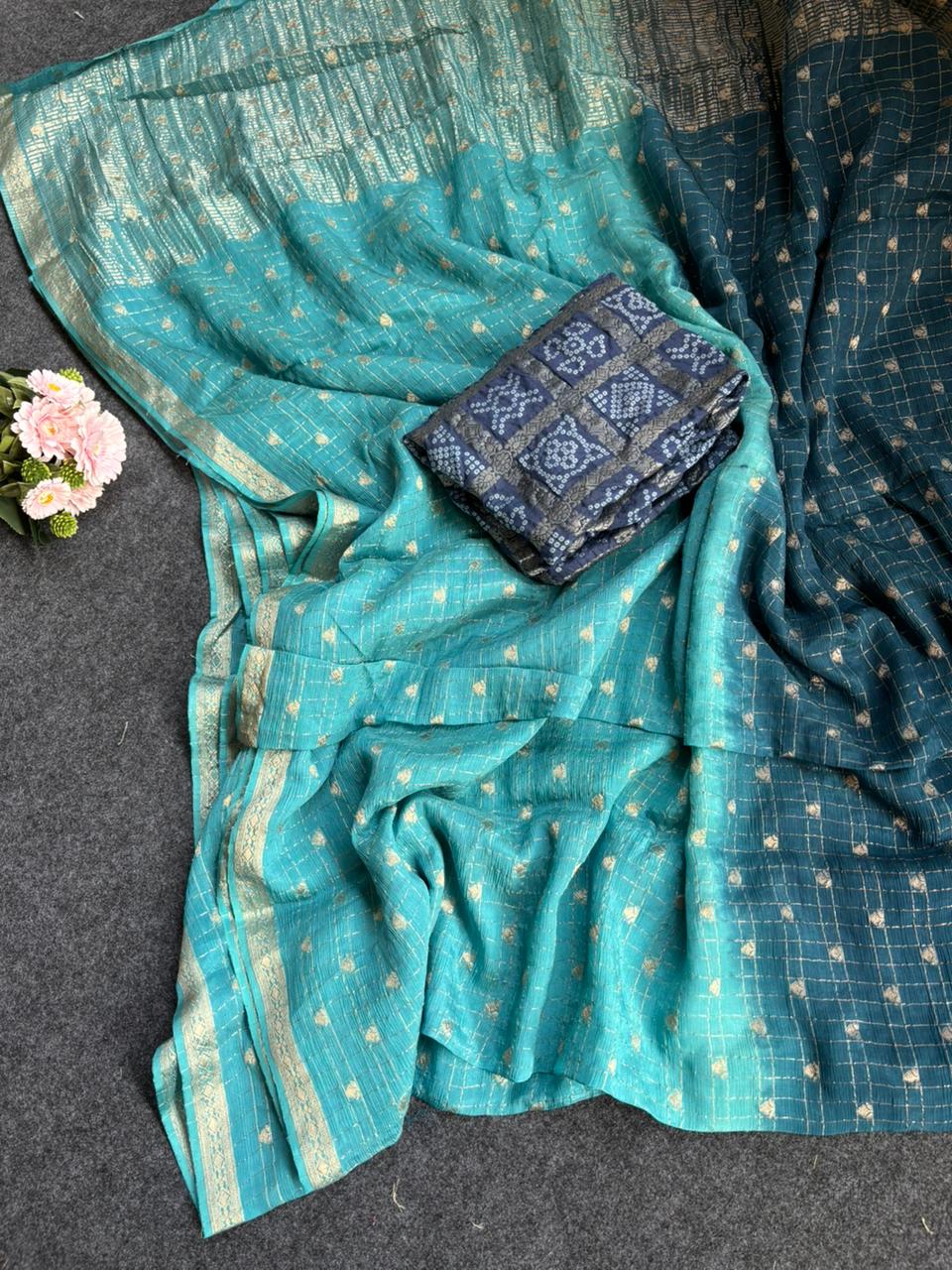 2d shade vintage Chinnon saree with Bandhani  style