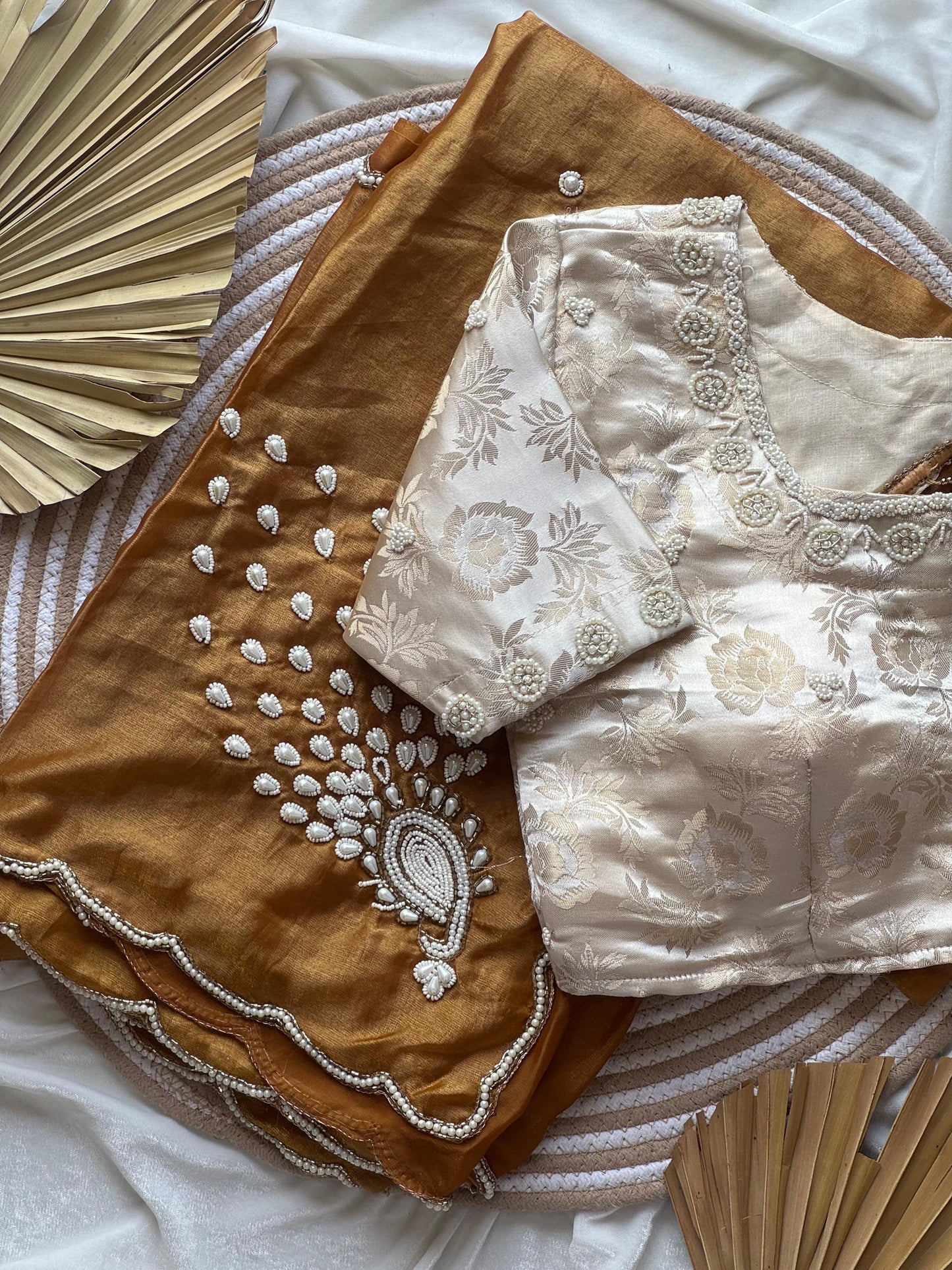 Gold peacock saree with stitched blouse