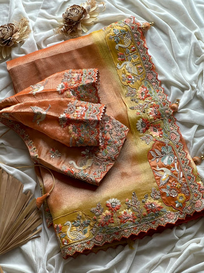 Luxe Dola silk coding work geruva saree with stitched blouse
