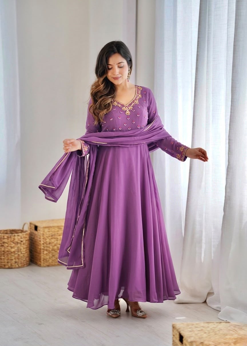 Georgette handwork party pastel colour gown