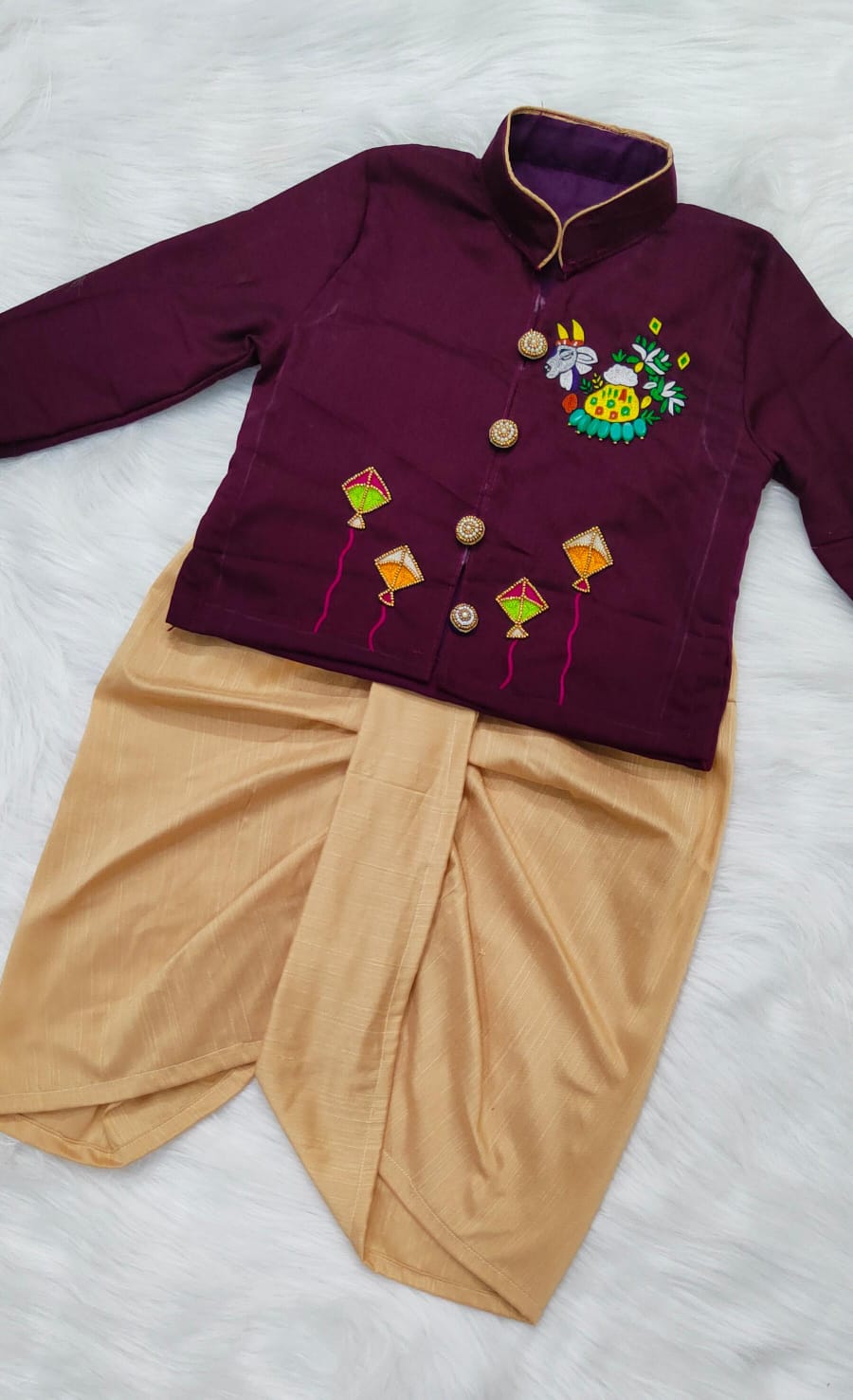 Sankranthi special boy festival theme kurti with dhoti set pure maggam
