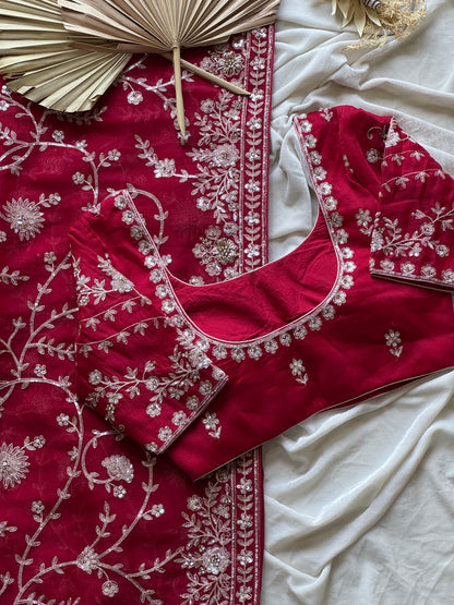 Cherry Aari Work And Handwork saree with stitched Luxe blouse