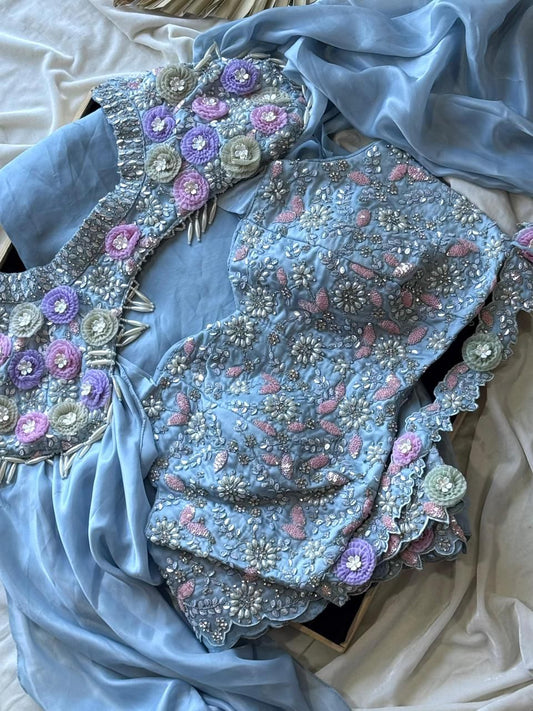 1 min ready to wear Ocean Blue luxe saree with stitched blouse