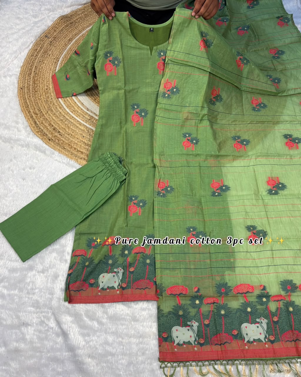 3 pieces ethinic wear Jamdani cotton kurti