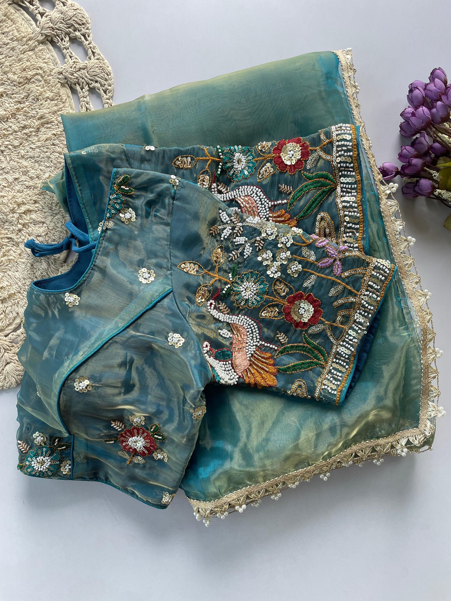 Liquid organza hand work  saree with stitched blouse