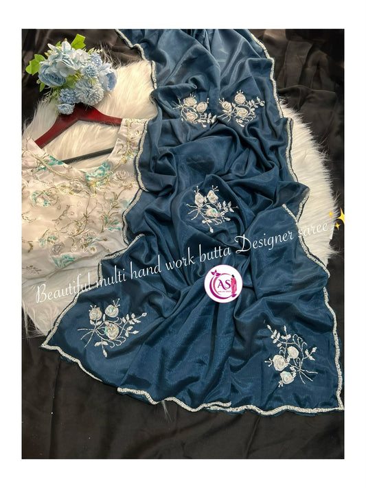 Chinon designer Moti mirror, hand, cut stitched blouse sarees
