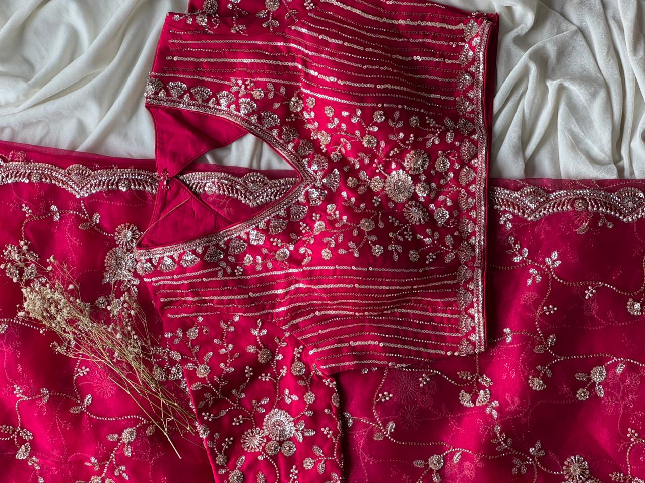 Raspberry Luxe Coctail Handwork saree with stitched blouse