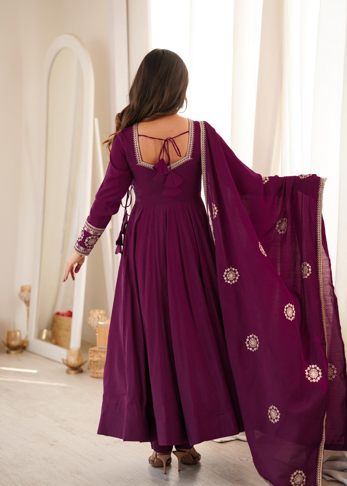 Pure Roman Chanderi Silk Fabric Fully Flare Angrakha Style Anarkali