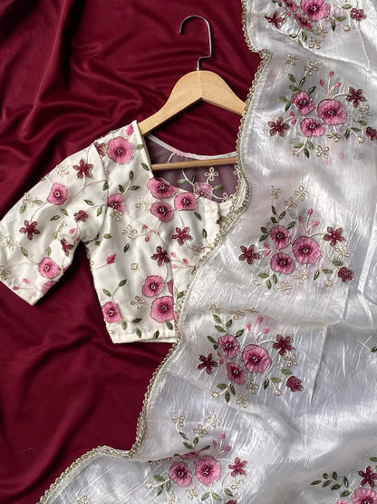 Crushed saree embroidery handwork with stitched blouse