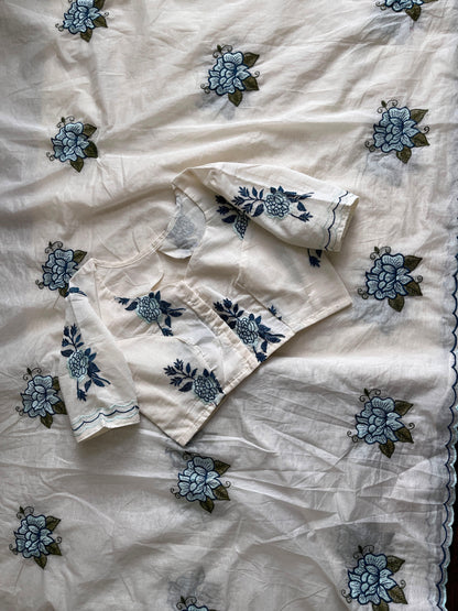 Mul Mul Cotton Saree with embroidery with stitched blouse